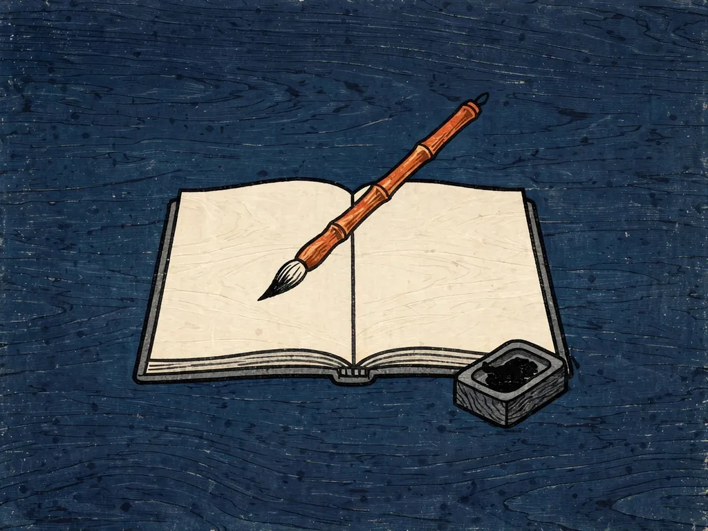 Woodblock-style illustration of an open notebook with a brush and ink stone