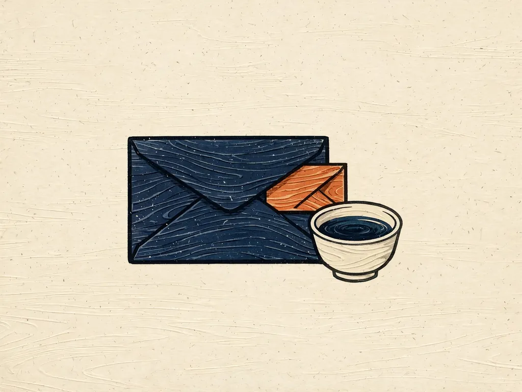 Woodblock-style illustration of an envelope beside a small cup of tea