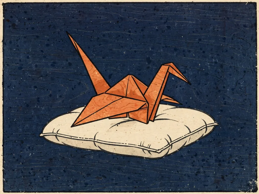 Woodblock-style illustration of a paper crane on a cushion
