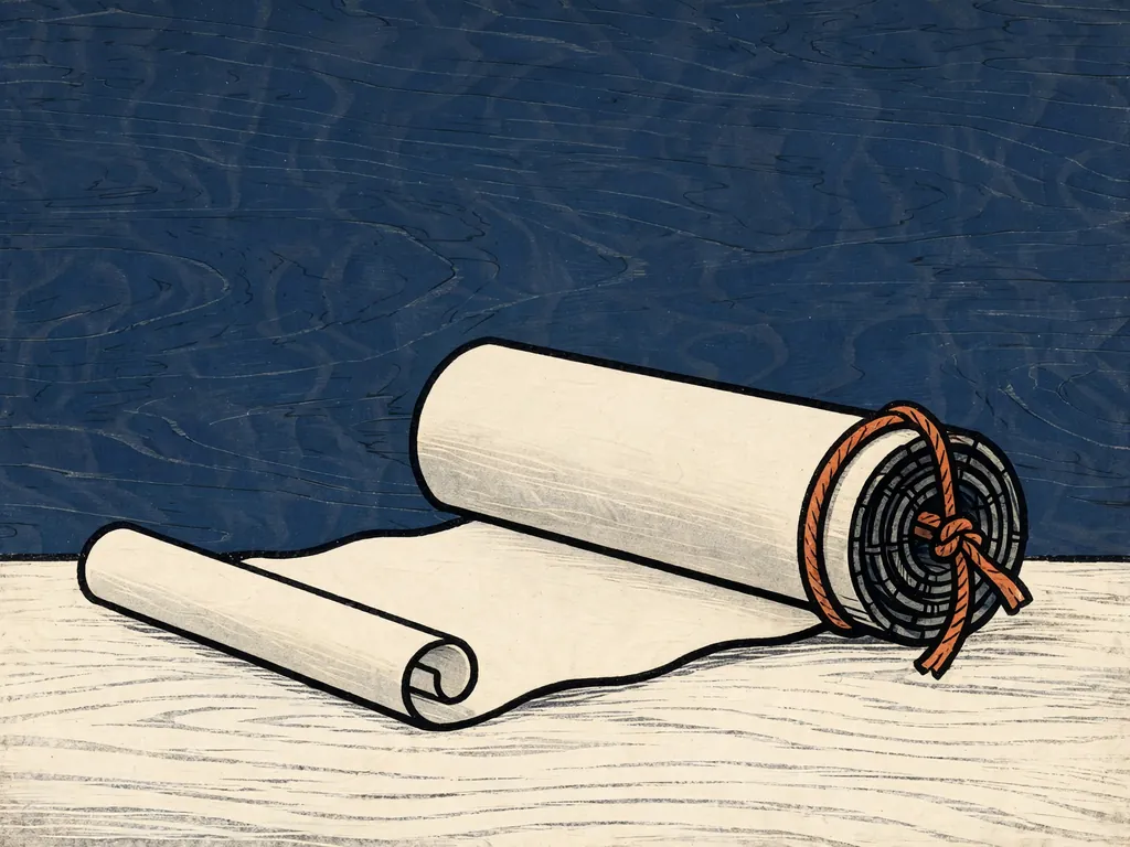 Woodblock-style illustration of a scroll partly unrolled